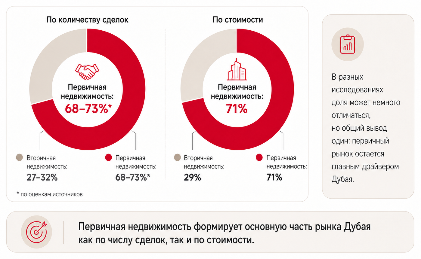 Доля первичной и вторичной недвижимости на рынке Дубая в 1 квартале 2026 года